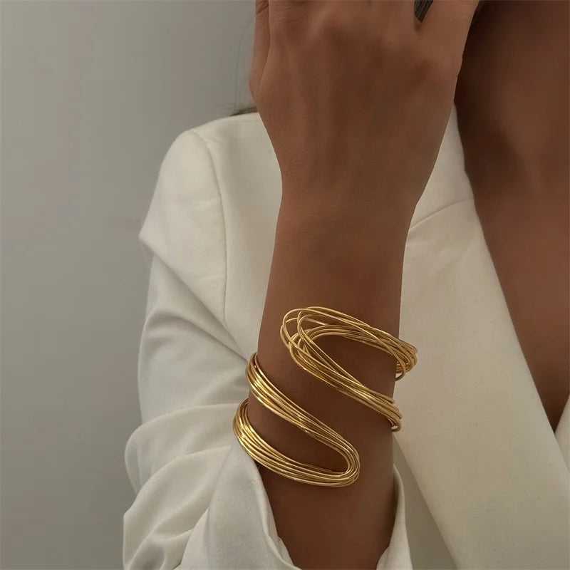 Classic Punk Wide Open Cuff Bracelet Bangle For Women Men Gold Color Punk Metal Wire String Exaggerated Bracelets Charm Jewelry
