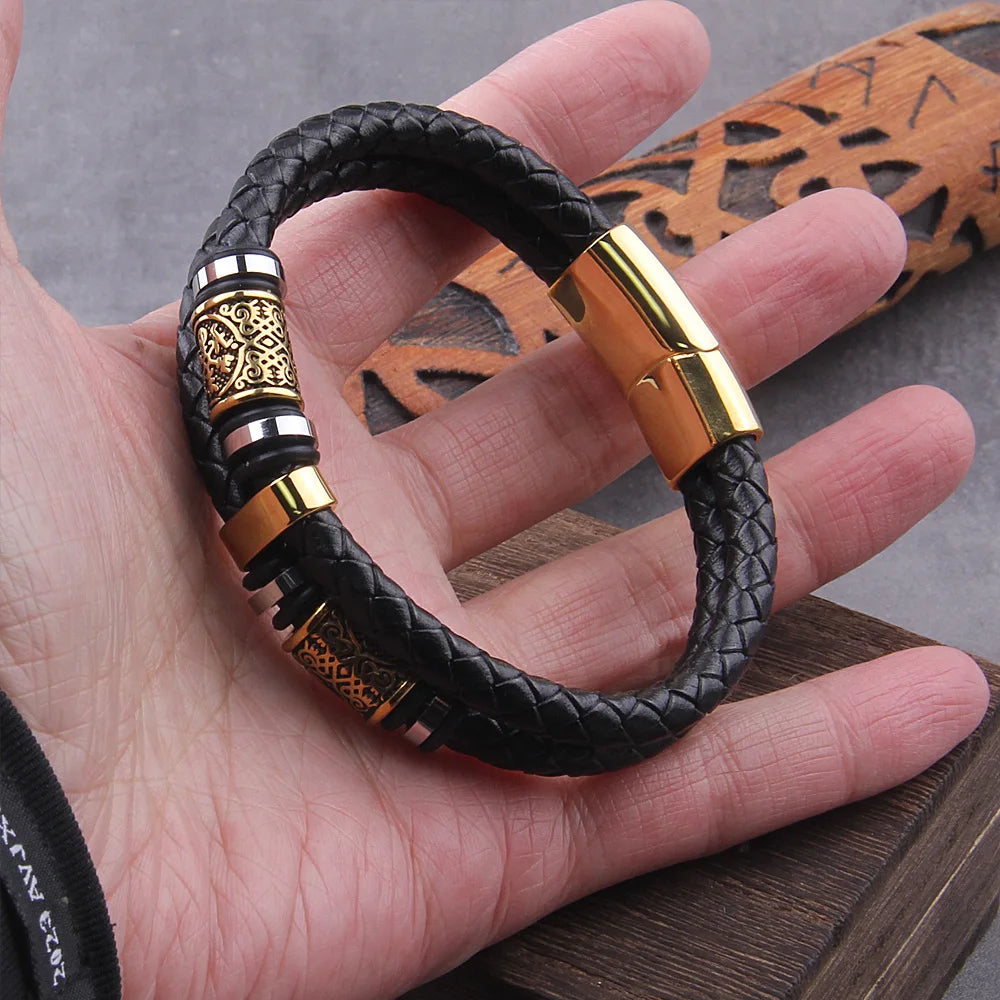 Punk Men Vikings Style Genuine Leather Bracelet Braided Multilayer Stainless Steel Norse Runes Bead Bangles Couple Jewelry Gift