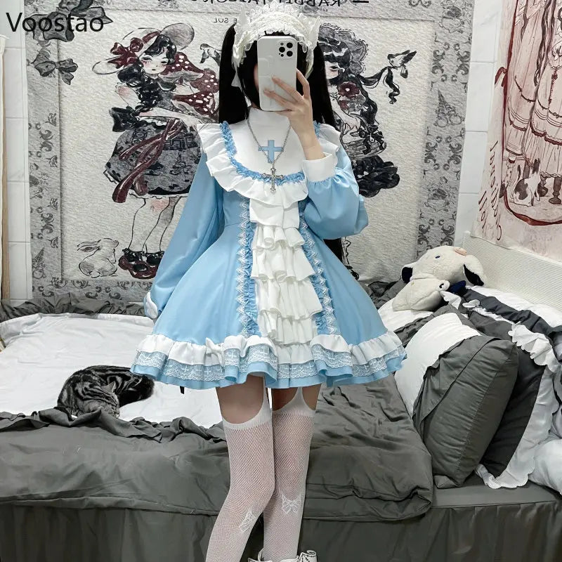 Japanese Gothic Lolita OP Dress Women Victorian Cross Embroidery Ruffles Cosplay Witch Maid Dresses Girls Sweet Party Dress 2023