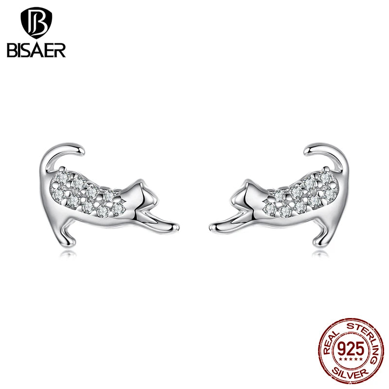 BISAER 925 Sterling Silver Cute Cat Stud Earrings Pet Dog Hypoallergenic Earrings Plated White Gold for Women Fine Jewelry Gift