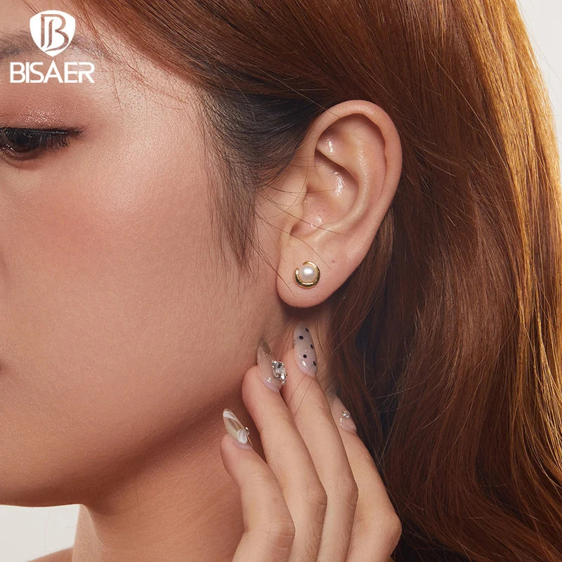 Boucles d'oreilles à tige en argent sterling 925 BISAER avec perles et clip d'oreille rond simple plaqué or pour femmes élégantes, bijoux fins de fête EFE1107