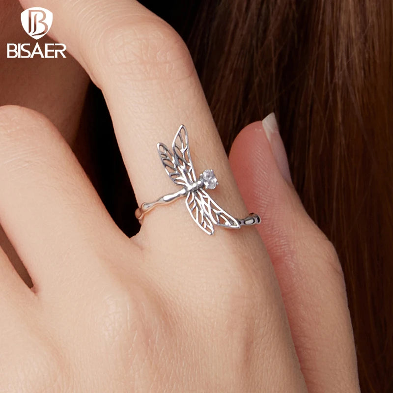 BISAER Real 925 Sterling Silver Dragonfly Open Ring Vintage Insect Band Adjustable Size 5-9 for Women Party Fine Jewelry Gift