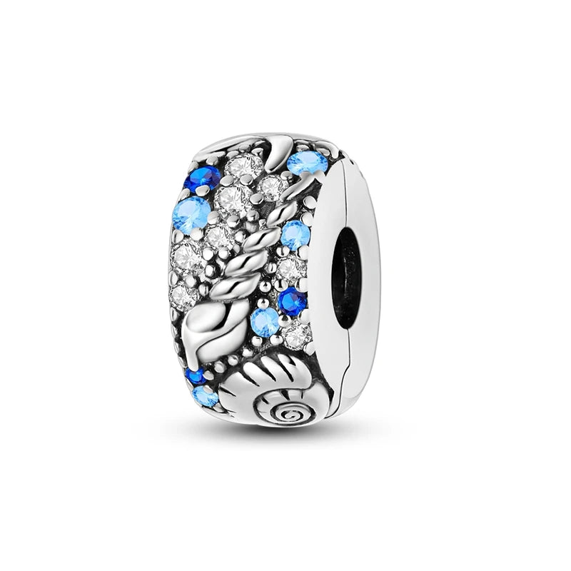 Silver Charm 925 Sterling Silver Clip Charms Safety Chain Charm CZ pave Round Clip Beads Fit Original Bracelet Jewelry Making