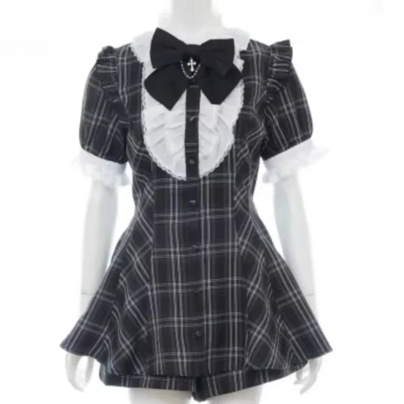 Vintage Lolita Plaid Bow Dress Shorts Set Women Gothic Cross Lace Ruffles Shirt Party Dress 2 Piece Sets Japanese Y2k Outfits