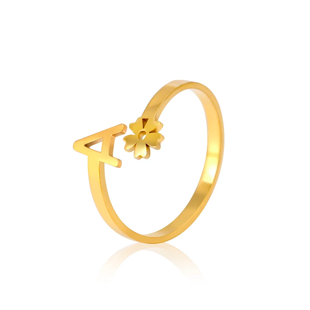 Stainless Steel Flower 26 Alphabet Open Ring for Women A-Z Initial Name Ring 2022 New Fashion Jewelry for Birthday Gift