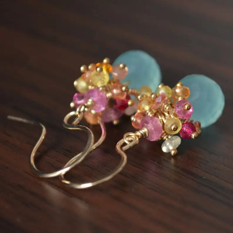 Summer Earrings, Gold Filled Jewelry, Real Chalcedony, Aqua Gemstones, Orange Yellow Pink Sapphires, Cluster Ear Rings