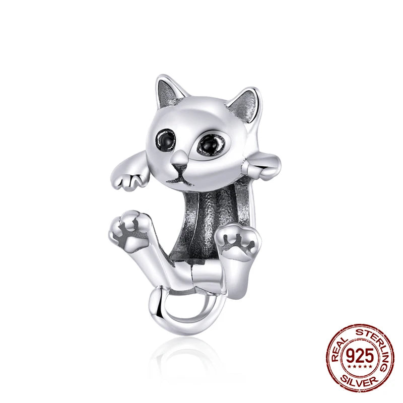 WOSTU 100% 925 Sterling Silver Cute Kitty Black Cat Charms Animal Bead for Women Fit Original DIY Bracelet Necklace Jewelry Gift