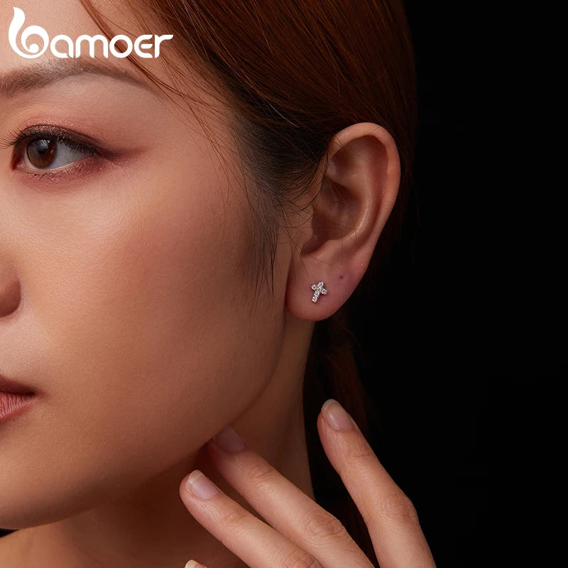 BAMOER White Gold Plated Moissanite Cross Earrings for Women, 925 Sterling Silver Small Religious Faith Cross Studs Huggies