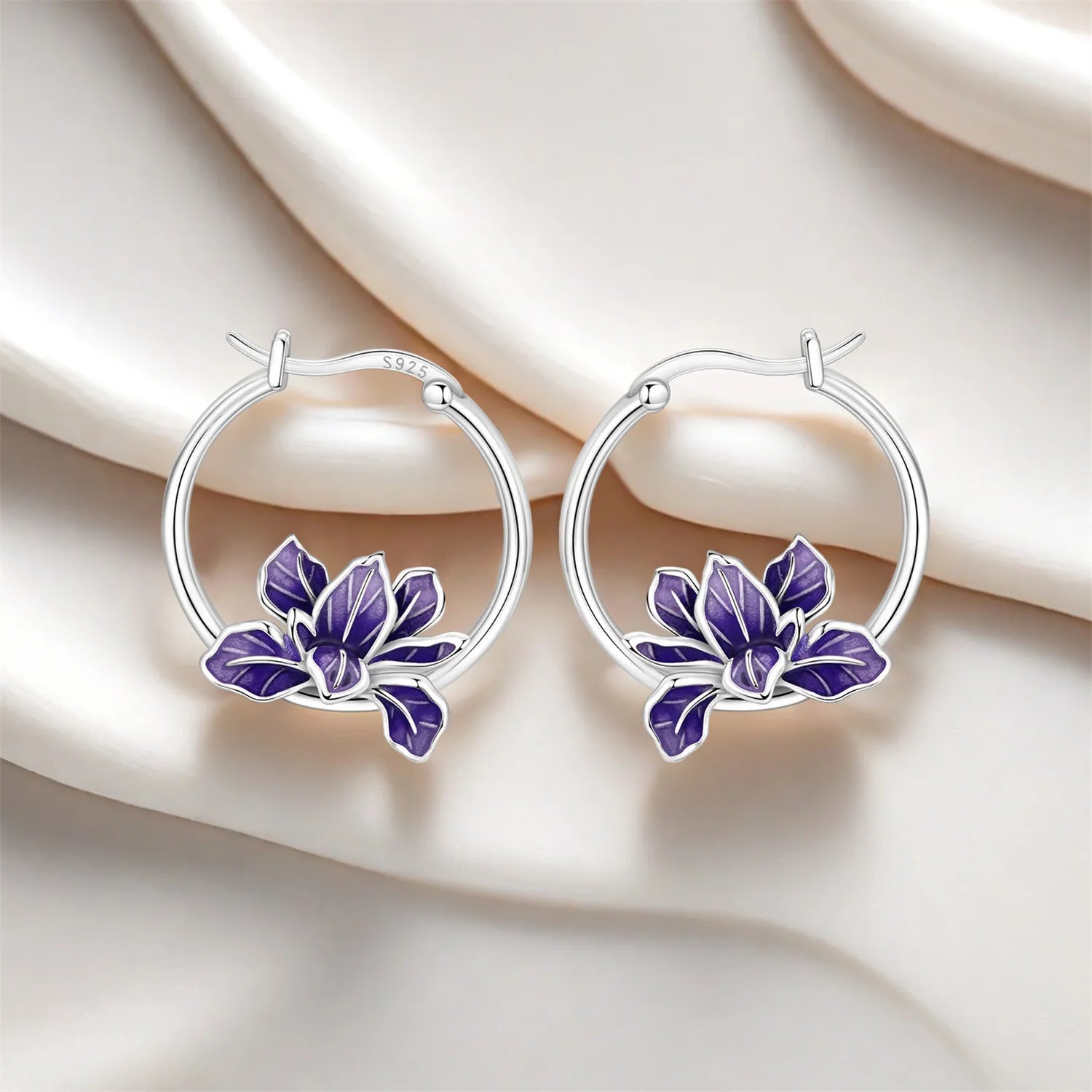 PANPOKI S925 Sterling Silver Blooming Purple Iris Flower Earrings Versatile Hoop Earrings For Women Jewelry Original Party Gift