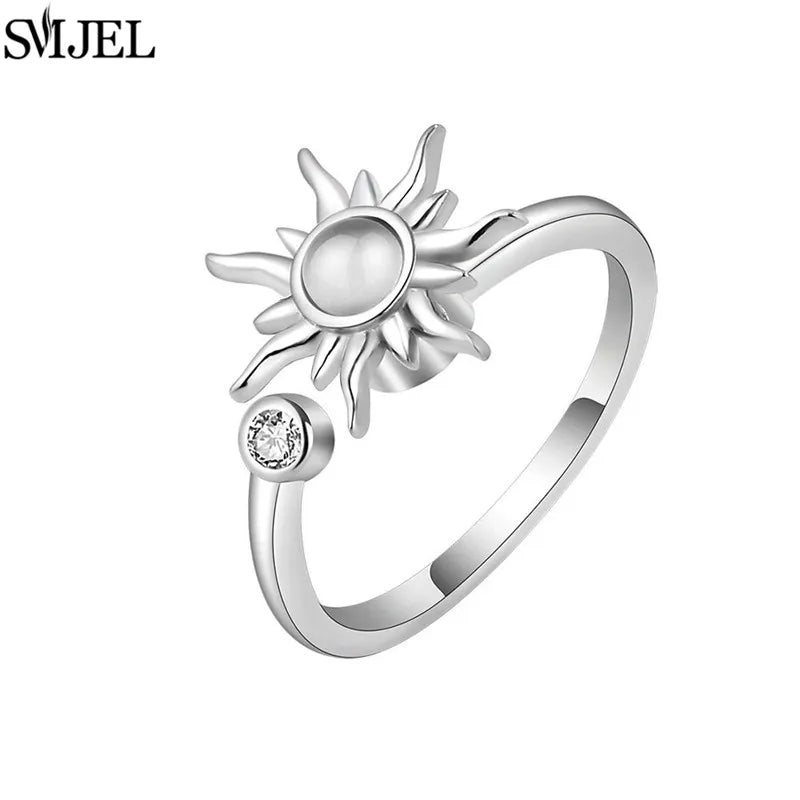 Korean Fashion Anxiety Fidget Spinner Rings for Women Crystal Rose Sunflower Butterfly Rotating Mood Ring Girls Wedding Jewelry