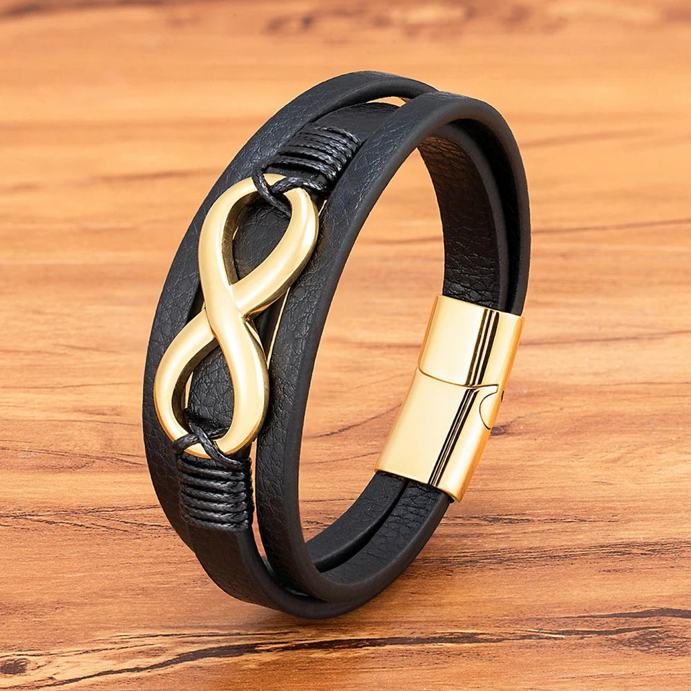 TYO Multilayer 8 Shape Infinite Symbol Men Bracelet Leather 3 Colors Metal Stainless Steel Magnetic buckle Jewelry Bangle Gift