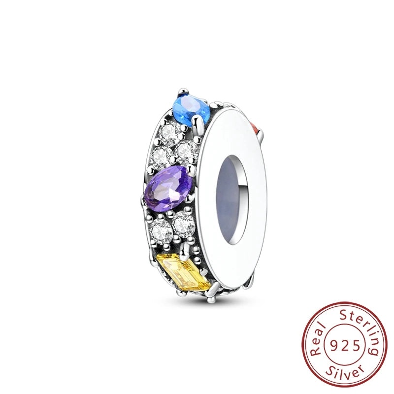 Charms 100% 925 Sterling Silver Flowers Colorful Zircon Silicone Spacer Beads Fit 3mm 925 Original Bracelets Fine DIY Jewelry