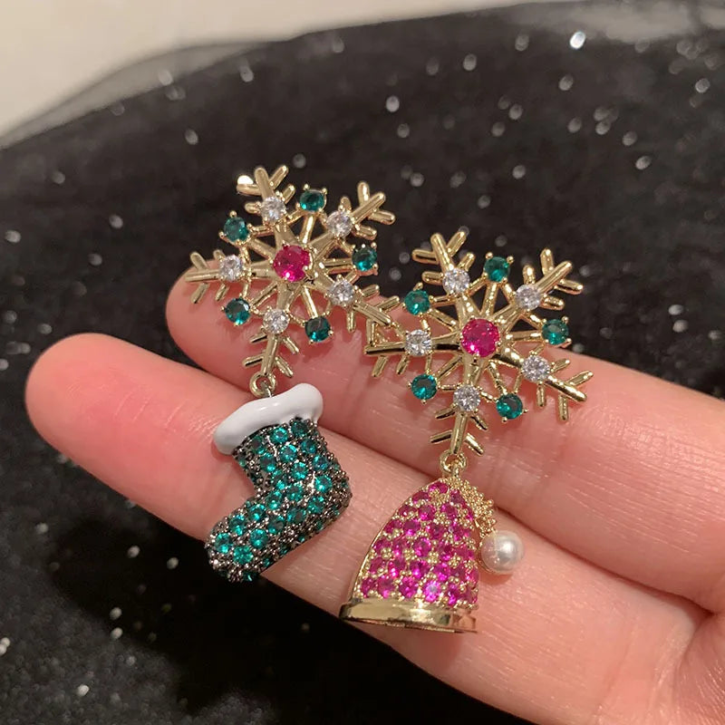 Sparkling Zircon Christmas Tree Stud Earrings for Women Colorful Rhinestone Snowflake Hat Boot Asymmetric Earring Xmas Jewelry