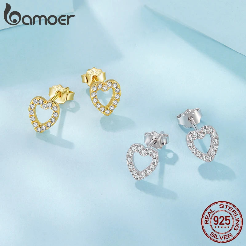 BAMOER 925 Sterling Silver 18K Hollowed Heart Stud Earrings for Women Clear CZ Cute Piercing Earrings Shiny Jewelry Date Gift