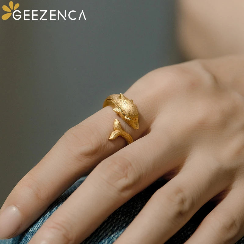 GEEZENCA 925 Silver Moissanite Stone Dolphin Shaped Resizable Rings For Women 18K Gold Italian Craft Chic Luxury Ring 2024 New
