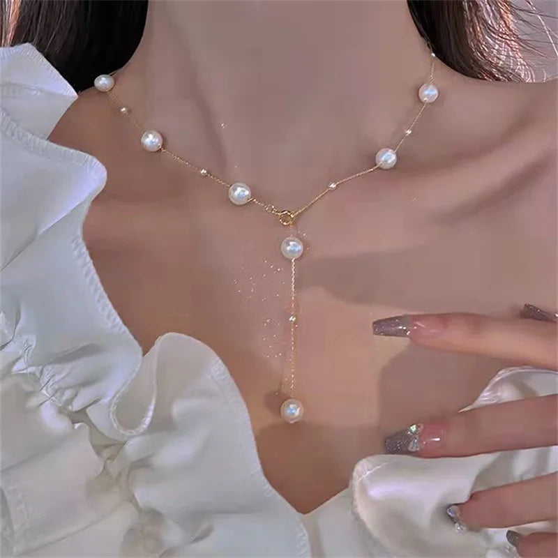 Unique Design French Delicate Simulated Pearl Tassel Necklace For Women Korean Light Luxury Pearl Clavicle Chain Choker Jewelry