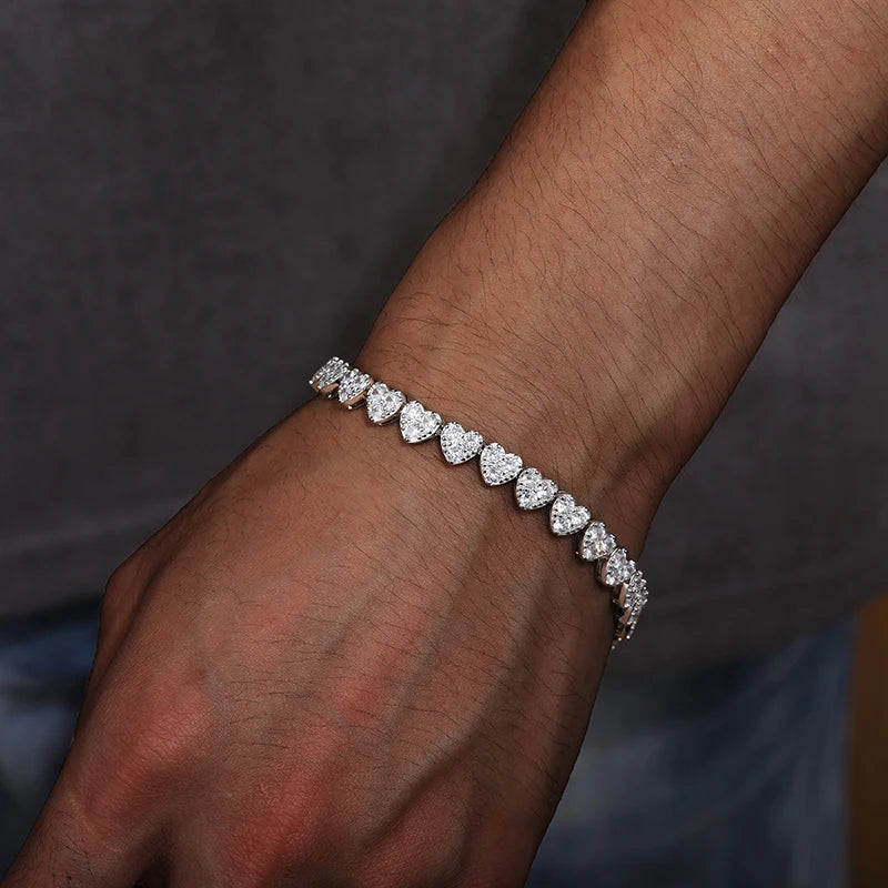 Unisex 3mm-5mm Heart 3 Row Tennis Moissanite Bracelet 925 Silver For Women Men Hip Hop Jewelry - Madeinsea©