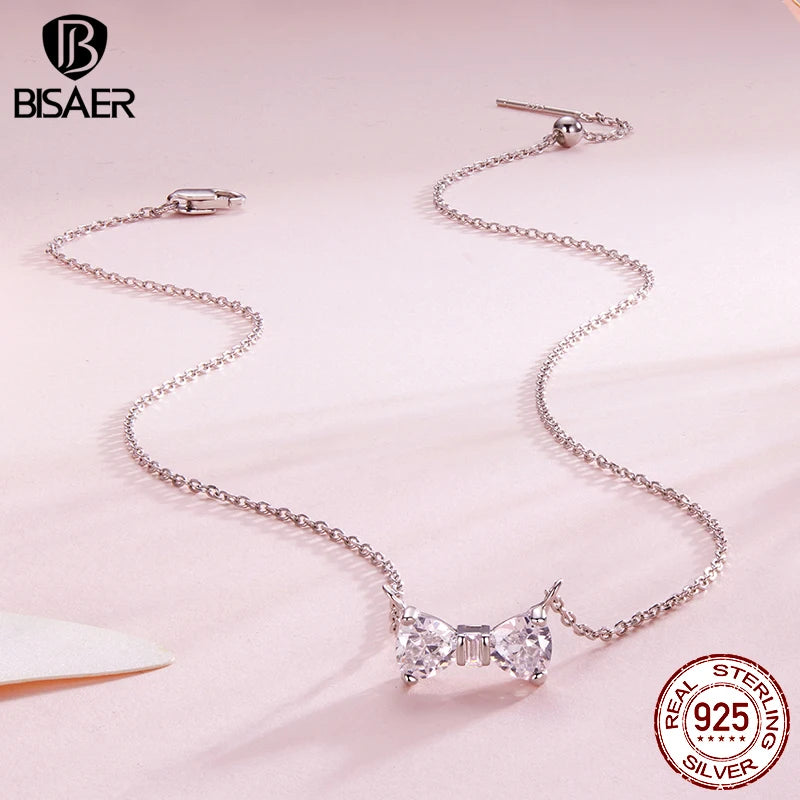BISAER Bow Pendant Necklace 925 Sterling Silver Bow-knot Adjustable Chain Plated White Gold for Wenmen Party Fine Jewelry Gift