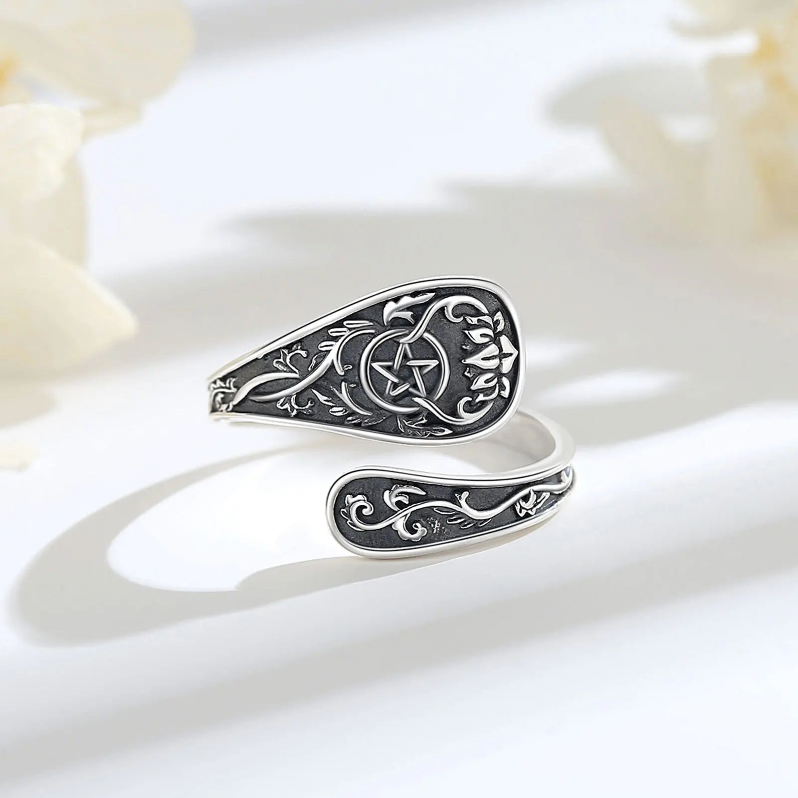 Eudora 925 Sterling Silver Pentagram Adjustable Ring Vintage Tetragrammaton Amulet Spoon Ring Wicca Jewelry Gift for Men Women