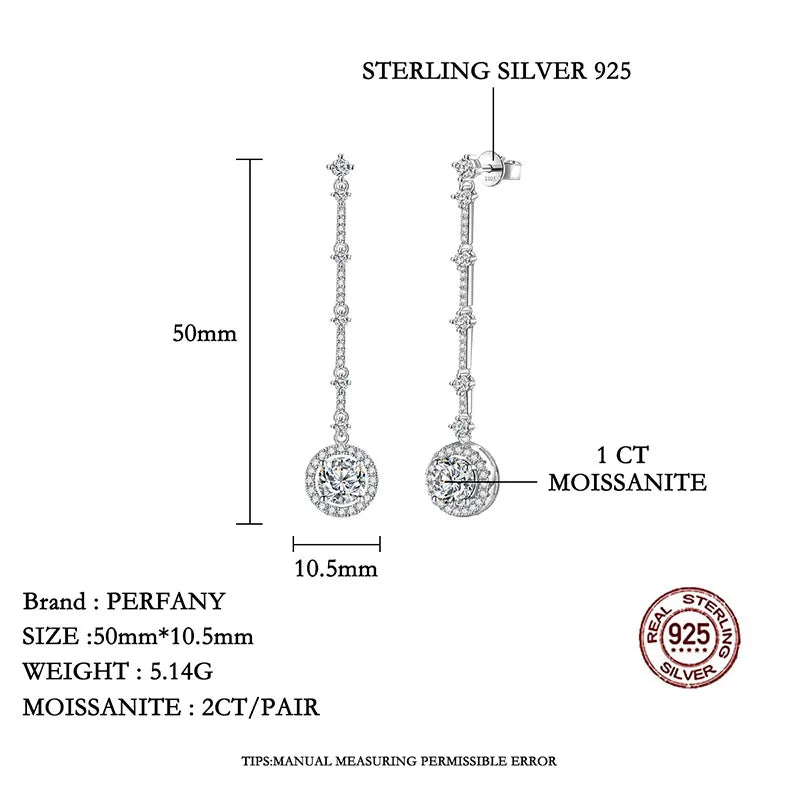 PERFANY 1CT Moissanite Drop Earring Women S925 Pure Silver Round Laboratory Diamond Long Earrings Fashion High End Party Jewelry
