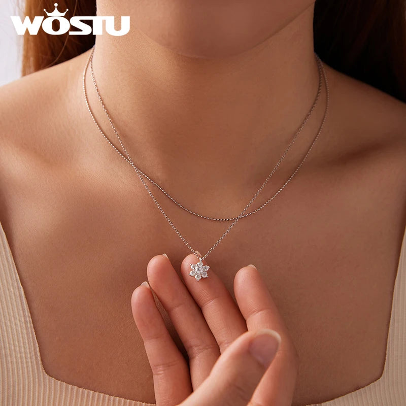 WOSTU Double-layer Moissanite Flower Necklace For Women, D-Color Lab Diamond 925 Sterling Silver Chain Links Valentine's Gift