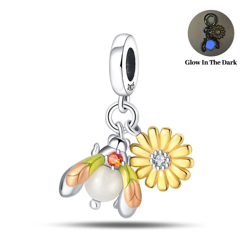 Springtime 925 Silver Gem Butterfly Dragonfly Flowers Charms Pendant Fit Pandach 925 Original Bracelets DIY Little Fresh Jewelry