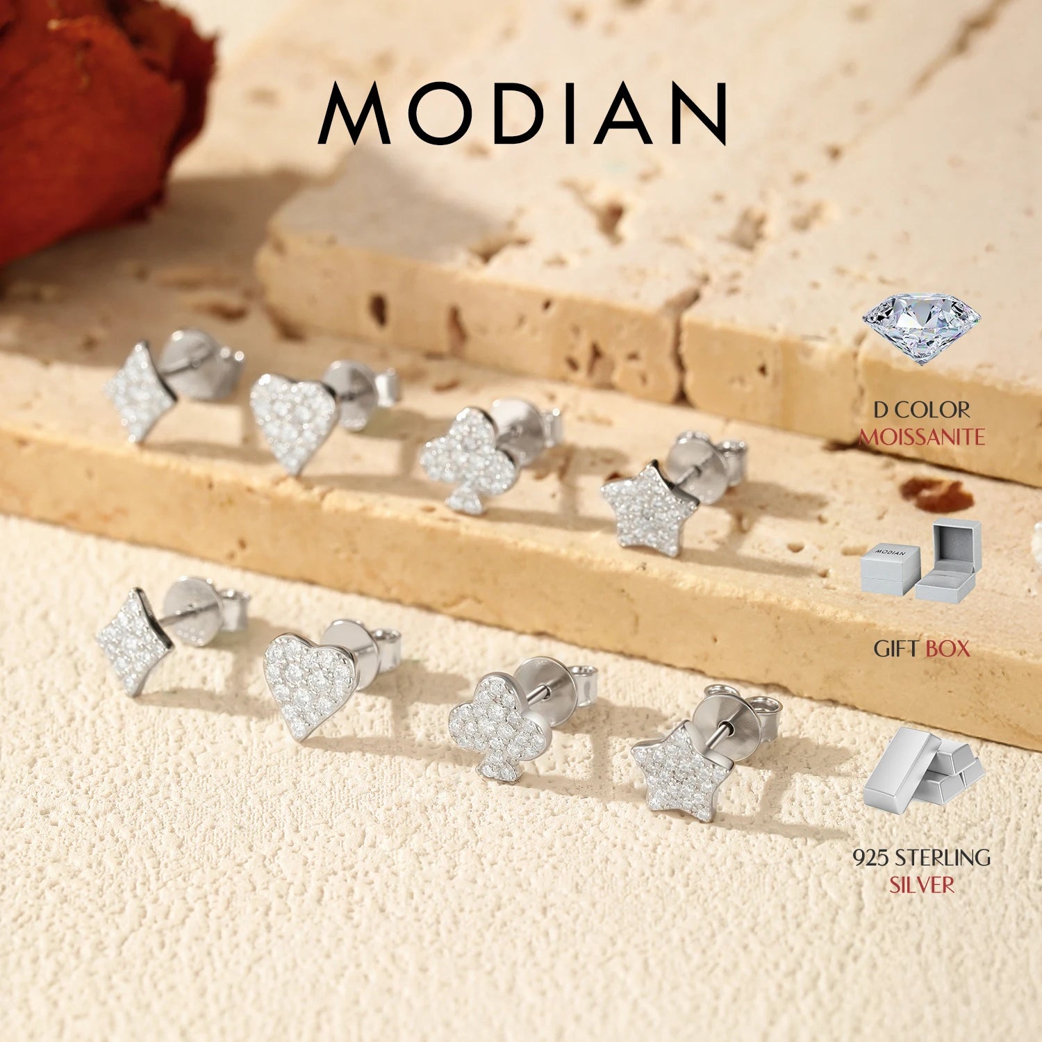 MODIAN 4 Styles Moissanite 925 Sterling Silver Ear Studs Fashion Star Heart Square Clubs Stud Earrings For Women Fine Jewelry