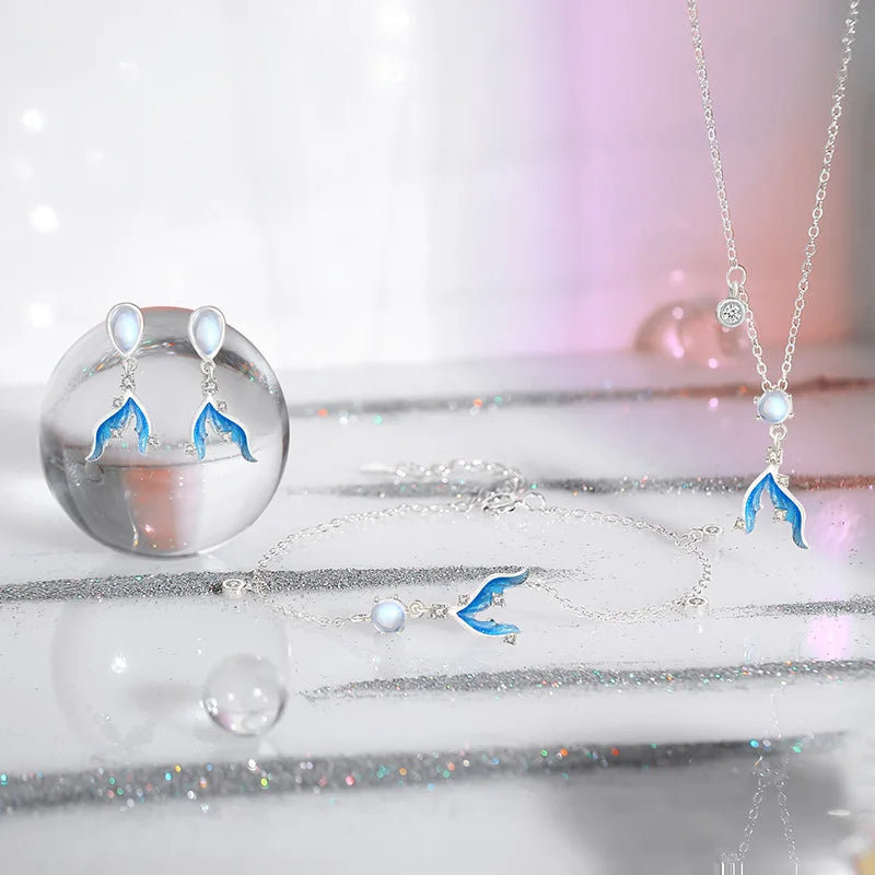 925 Silver Mermaid Necklace Bracelet Earrings Ring Moonlight Jewelry Gift for Women Birthday Anniversary Elegant 4-Set
