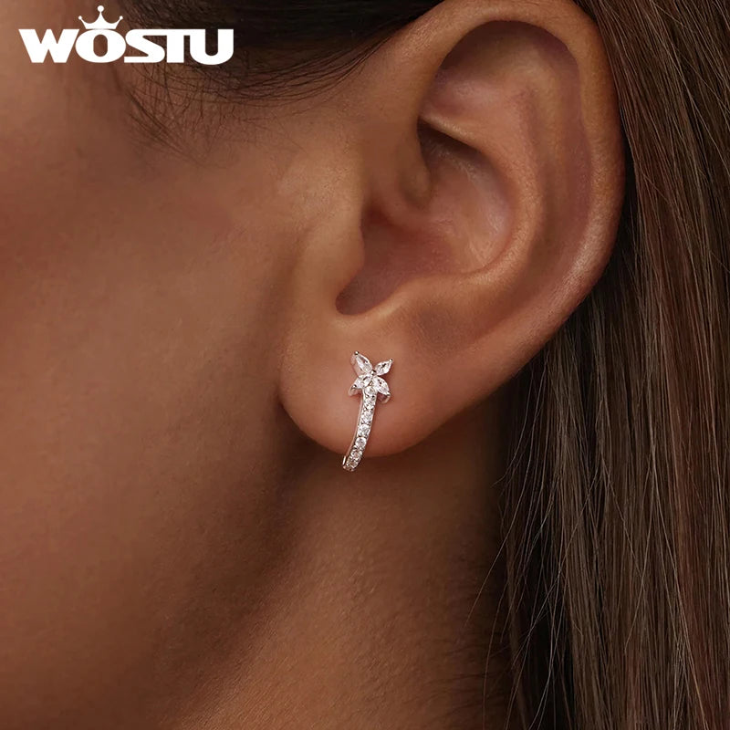 WOSTU 925 Sterling Silver AAA CZ Flower Huggies Earrings For Women Full Zircon Wedding Engagement Hoop Earrings Party Gift