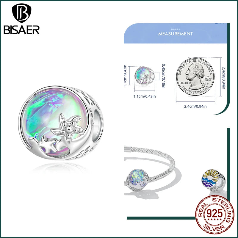 BISAER Real 925 Sterling Silver Bule Turtle Crab Charm Bead Sea Shells Pendant For Women DIY Bracelet & Necklace Holiday Gifts
