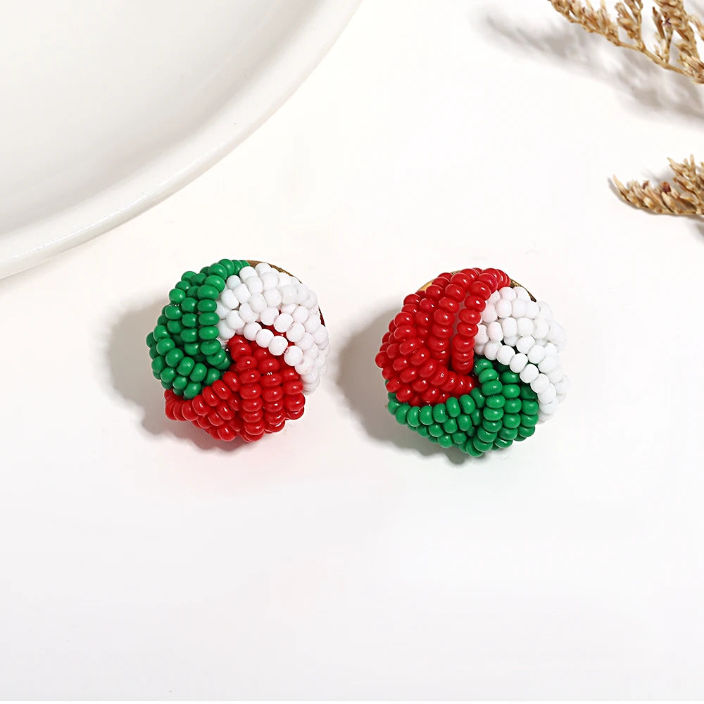 AENSOA Candy Color Seed Beaded Knot Stud Earrings for Women Girls Tricolor Handmade Braided Round Earrings Summer Beach Jewelry