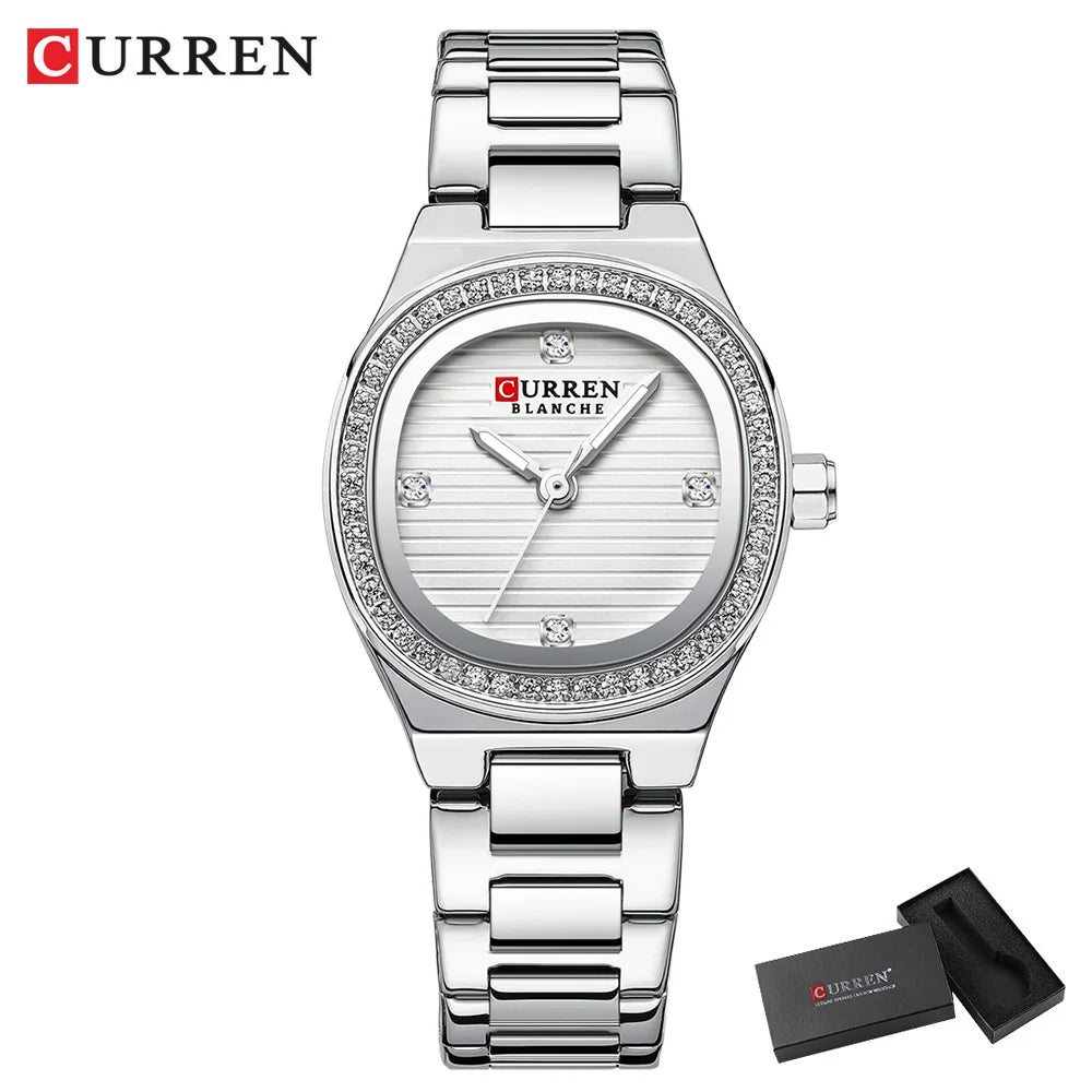 CURREN Luxury Brand Simple Style Quartz Watch for Women NEW Dress Ladies Wristwatches with Rhinestones