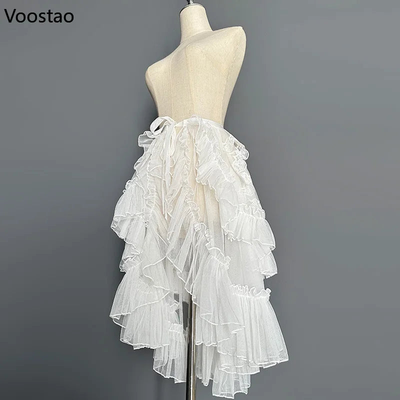 Sweet Lolita Style Double Layer Lace Asymmetrical Ruffles Skirts Women Summer Mesh Cute Curtain Sheer Cover Up Thin Long Skirt