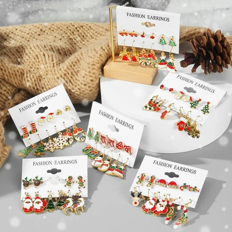Fashion Cartoon Christmas Earring Set Female Snowflake Tree Snowman Bell Earring Fashion Christmas Ball Earring Jewelry Gifts