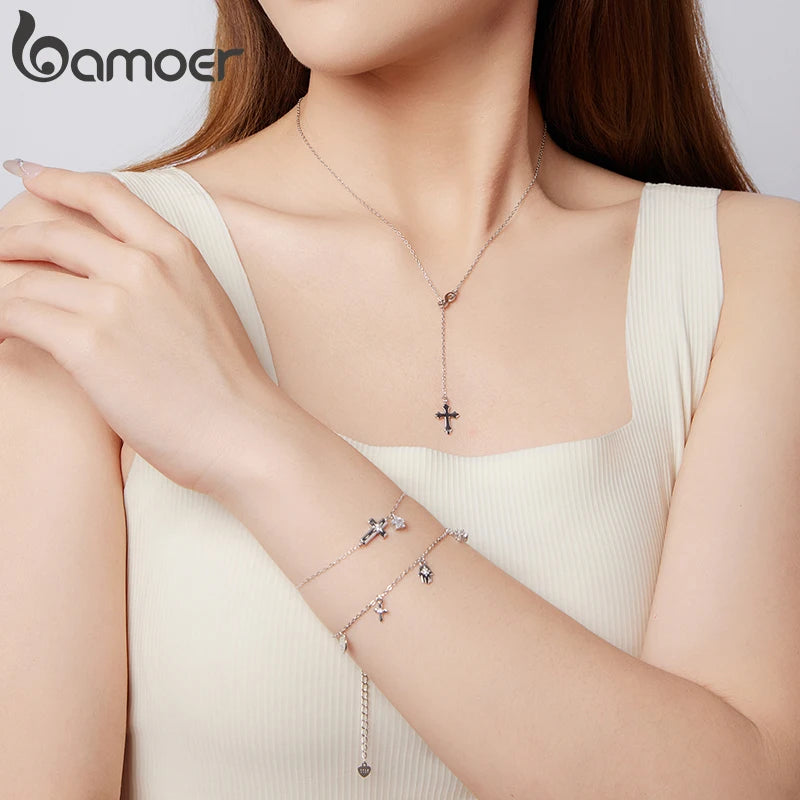 BAMOER 925 Sterling Silber Sternenkreuz-Armband mit Zirkonia-Sternanhänger, verstellbar, perfektes Geschenk für Damen – ideal für Sommer und Alltag
