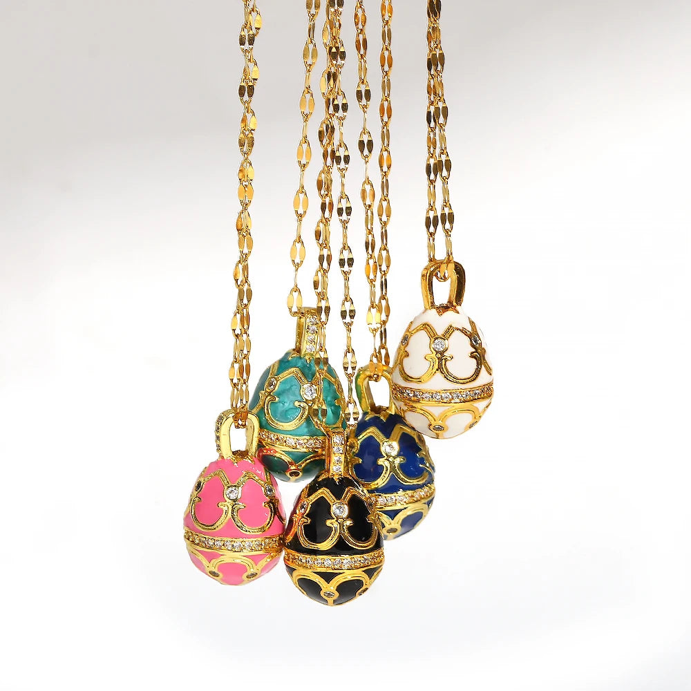 AENSOA Colorful Enamel Easter Egg Pendant Necklaces for Women Guilloche Locket Egg Rhinestone Charm Necklace Gold Color Jewelry