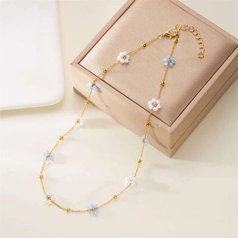 Korean Cute Flower Bracelet For Women Girls Exquisite Imitation Pearl Metal Beads Chain Wristband Party Minimalist Jewelry Gifts