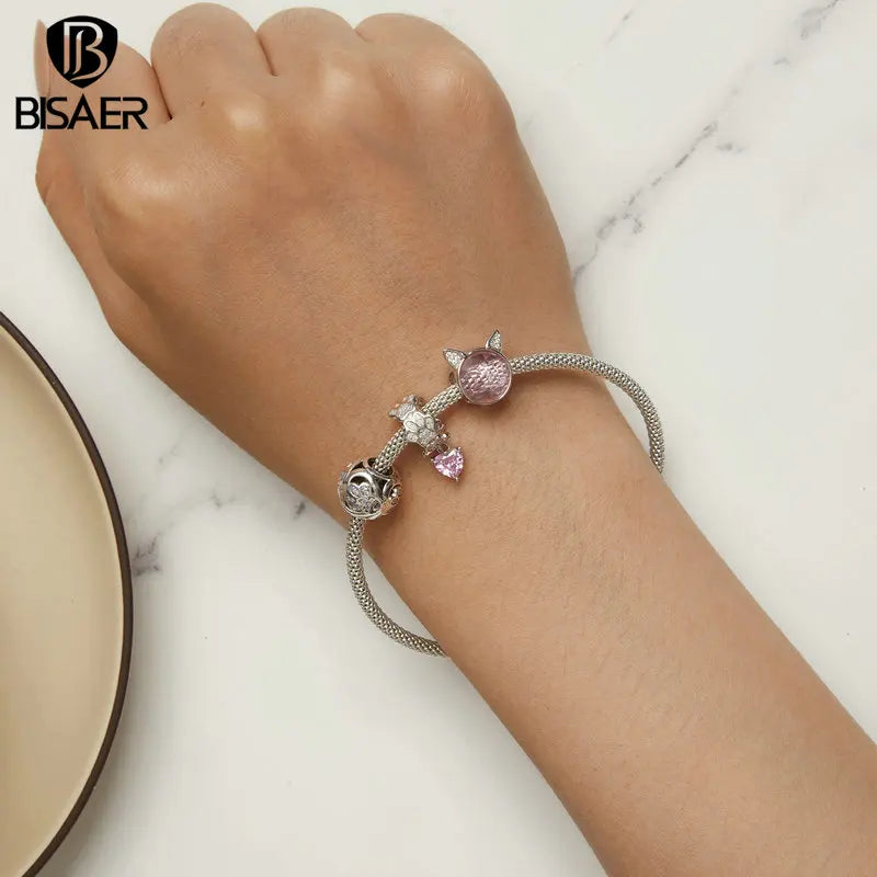 BISAER 100% 925 Sterling Mignon Ours Rose Charm Perle En Forme De Coeur Papillon CZ Pendentif Fit Femmes Bracelet À Bricoler Soi-Même Bijoux Fins