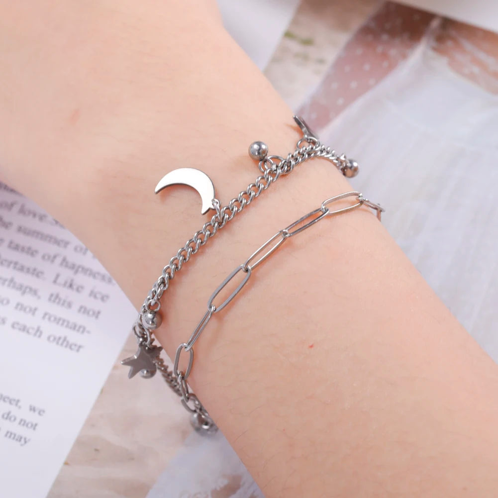 Star Moon Pendant Double Chain Bracelets Women's Stainless Steel Bracelets Trendy Jewelry for Lover Anniversary Gifts