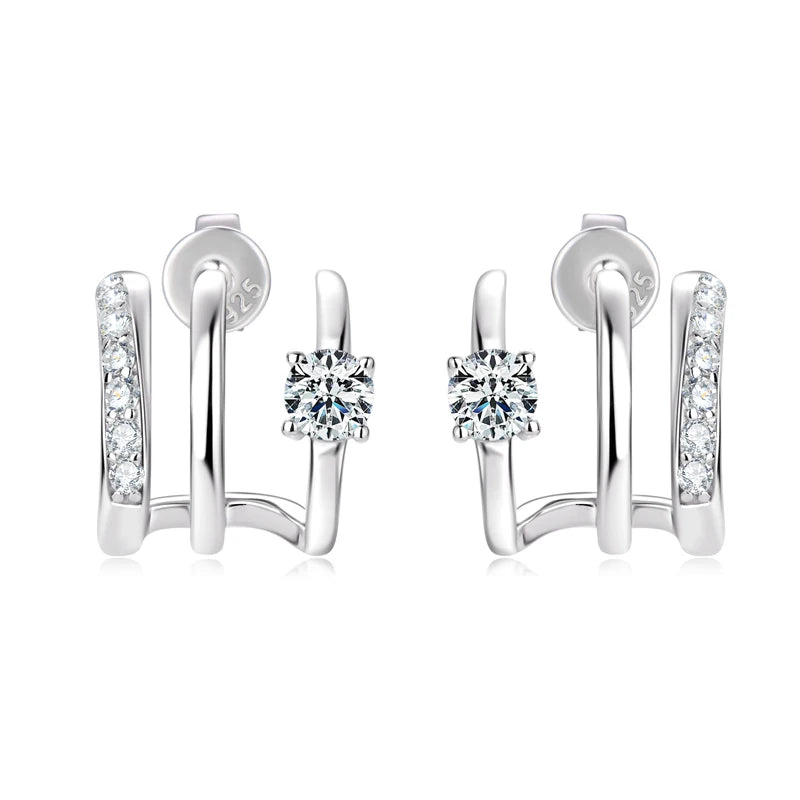 OXTAO Round Moissanite Hoops Earrings Fashion Half Open Cuff Real 925 Silver Piercing Stud Earrings Jewelry Gift for Women