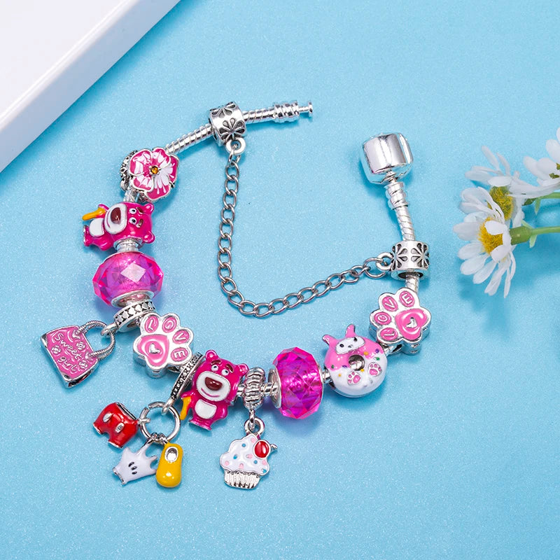 Silver Plated Cartoon Bear Ice Cream Beads Charm Bracelet For Women With DIY Beand Pendants Bracelet Jewelry Gift Dropshipping