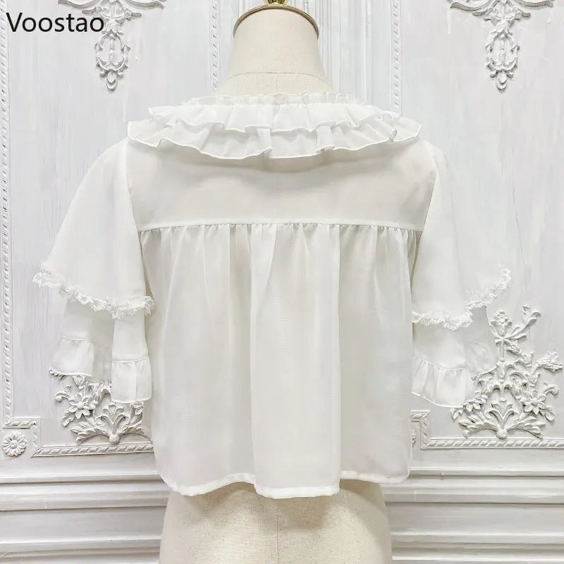 Summer Vintage Kawaii LolitaPrincess Blouses Women Japan Style Bow Lace Ruffles O-Neck Short Shirts Girl Chiffon Jsk Inside Tops