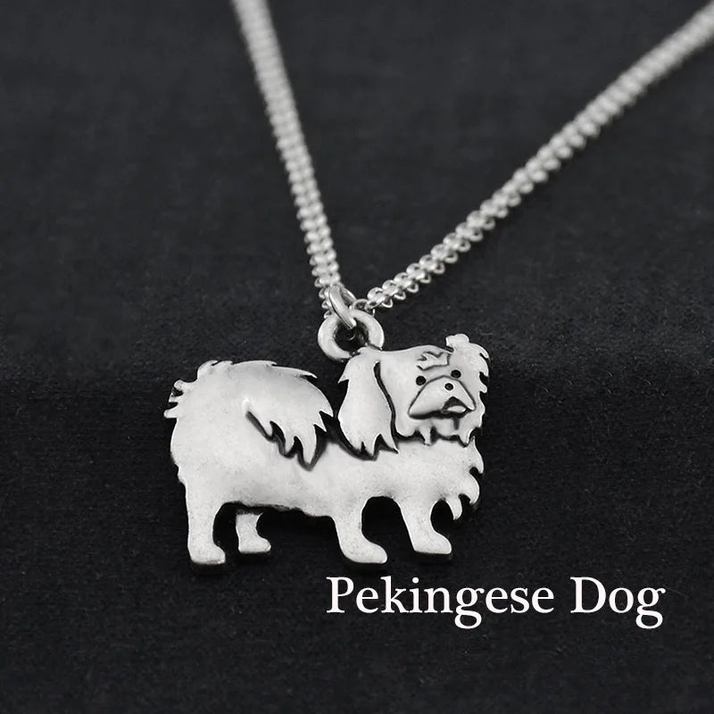 Retro Silver Color Chow Chow&Papillon Pendant Necklace Women Stainless Steel Long Chains Pekingese Dog Necklaces For Men Jewelry