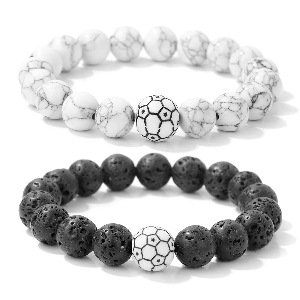 New 2Pcs Men Bracelet Set 10mm White Howlite Lava Stone Strand Braslet Basketball Football Baseball Braclet Handmade Pulseria