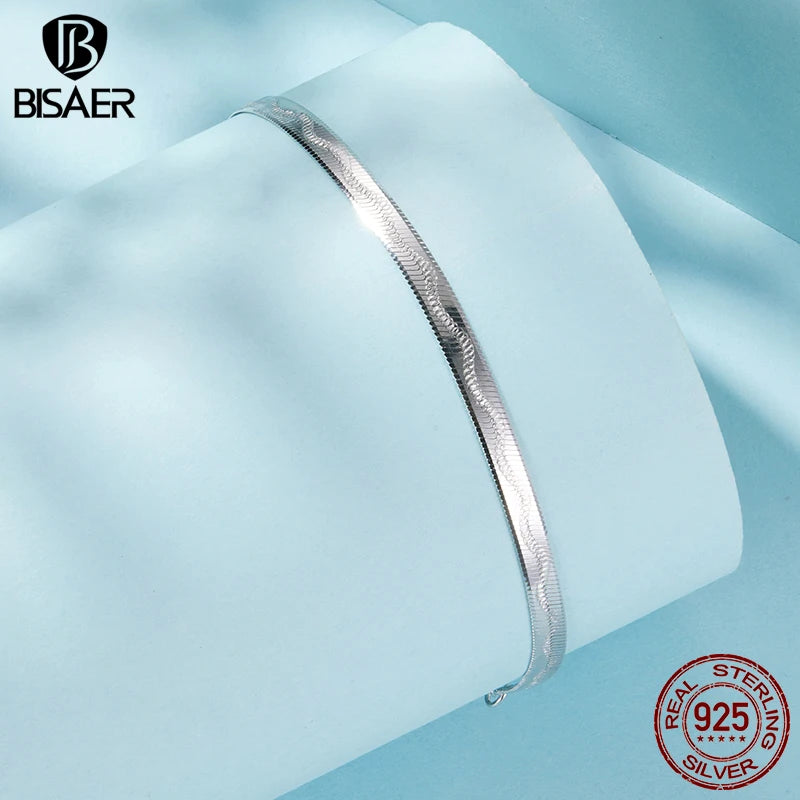 BISAER Wide Snake Bracelet 925 Sterling Silver Dainty Stackable Link Chain Adjustable for Women Trendy Fine Jewelry ECB303