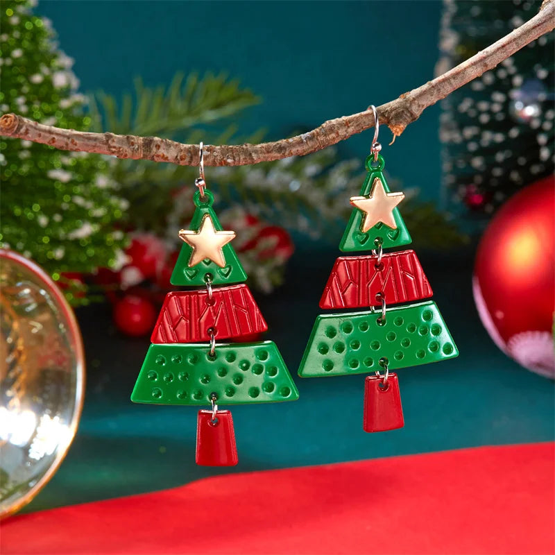 Vintage Metal Splicing Christmas Tree Long Drop Earrings for Women Hollow Xmas Tree Star Dangle Earring Party Punk Cool Jewelry