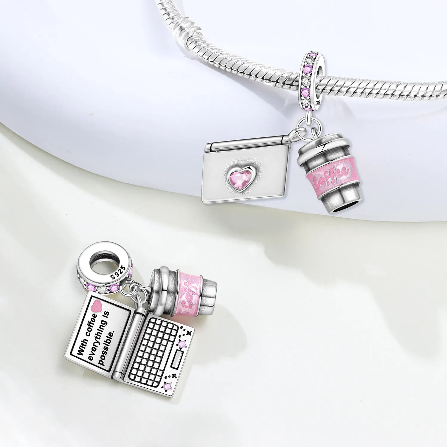 PANPOKI 925 Sterling Silver Pink Coffee Notebook Beads Original Pendants Bracelet Charm Jewelry Party DIY Trendy Gifts