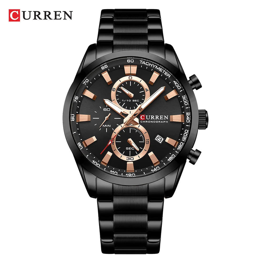CURREN Casual Sporty Brand Stainless Steel Band Wristwatches for Men New Chronograph Quartz Watches with Date 8445