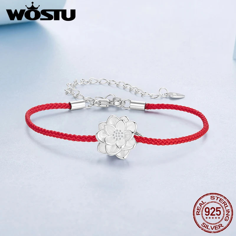 WOSTU Lotus Red Braided Cord Wrist Bracelet for Women, 925 Sterling Silver Elegant 3D Flower Charm Adjustable Rope Bangle