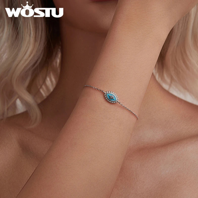 WOSTU Real 925 Sterling Silver hexagram Star Zircon Chain Bracelet Blue Turquoise Devil Eye Chain links Gift For Mom Daughter